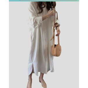 White Long Sleeve Cotton Small Button-Down Shirt Dress By Gguhhu
